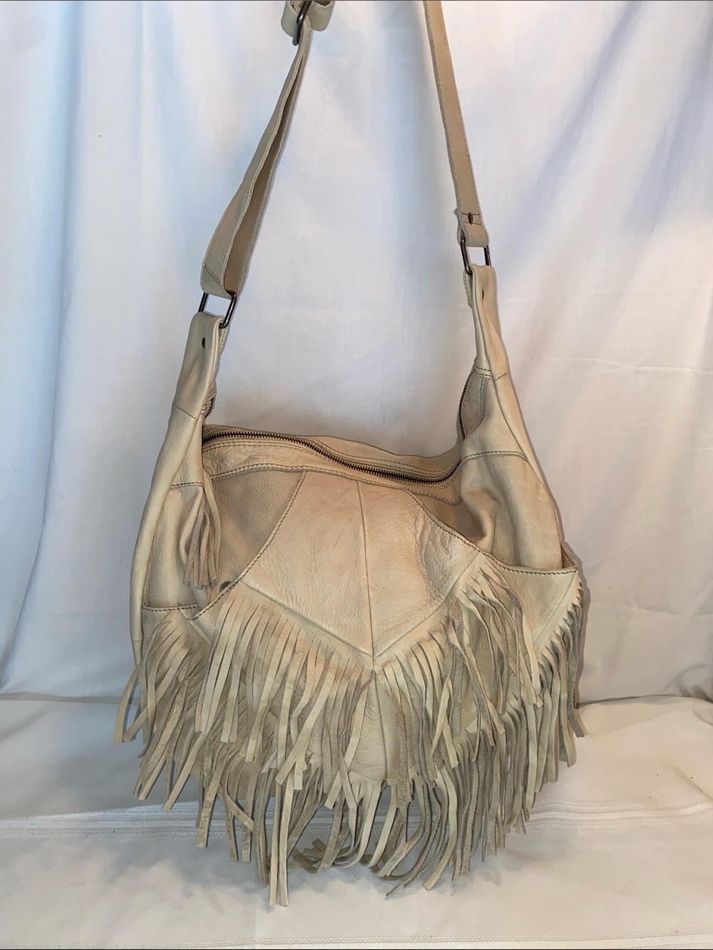 Cut N Paste Large Fringe Shoulder Hobo Bag in Beige Soft Leather